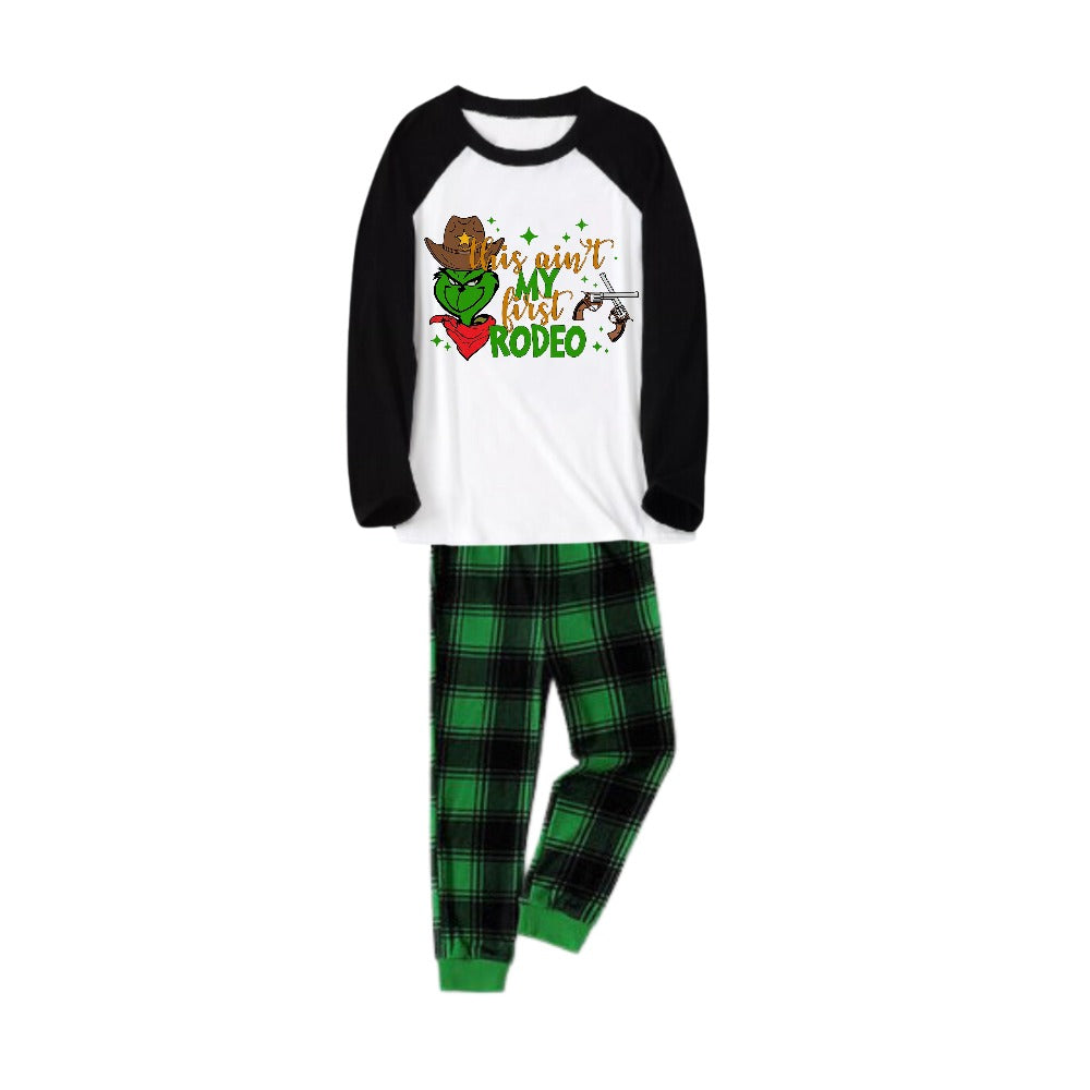 Black Raglan Top Green Plaid Christmas Pajamas Set With Western Grinch Print