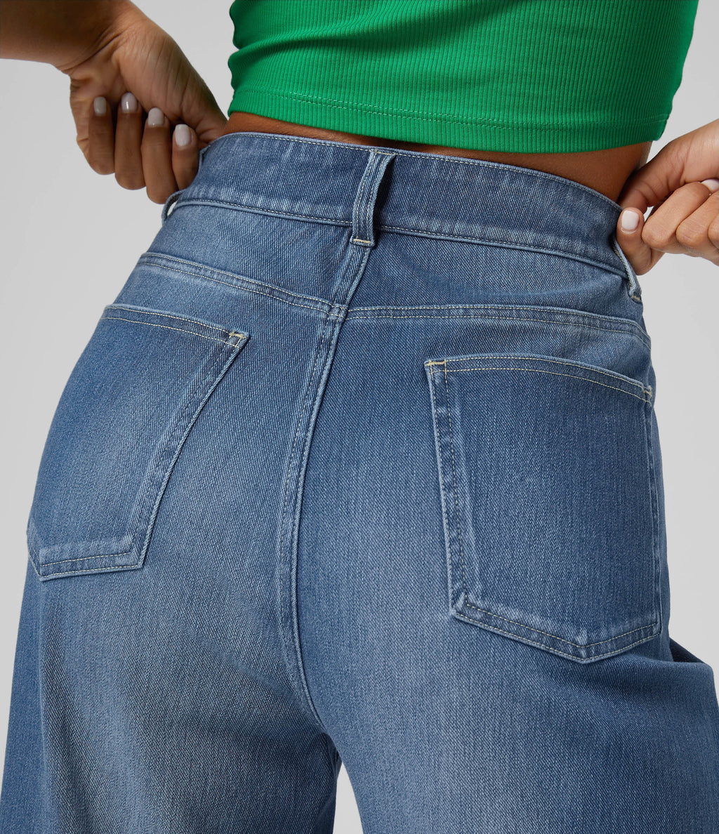 FlexTM High Waisted Multiple Pockets Rolled Hem Wide Leg Washed Stretchy Knit Casual Jeans