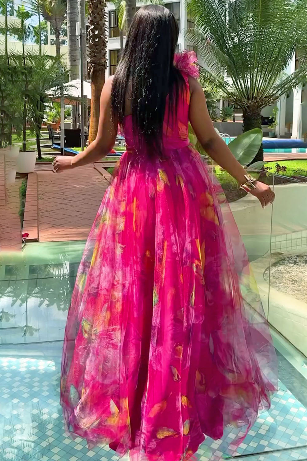 One Shoulder Rosette Floral Print Mesh Party Maxi Dresses-Fuchsia