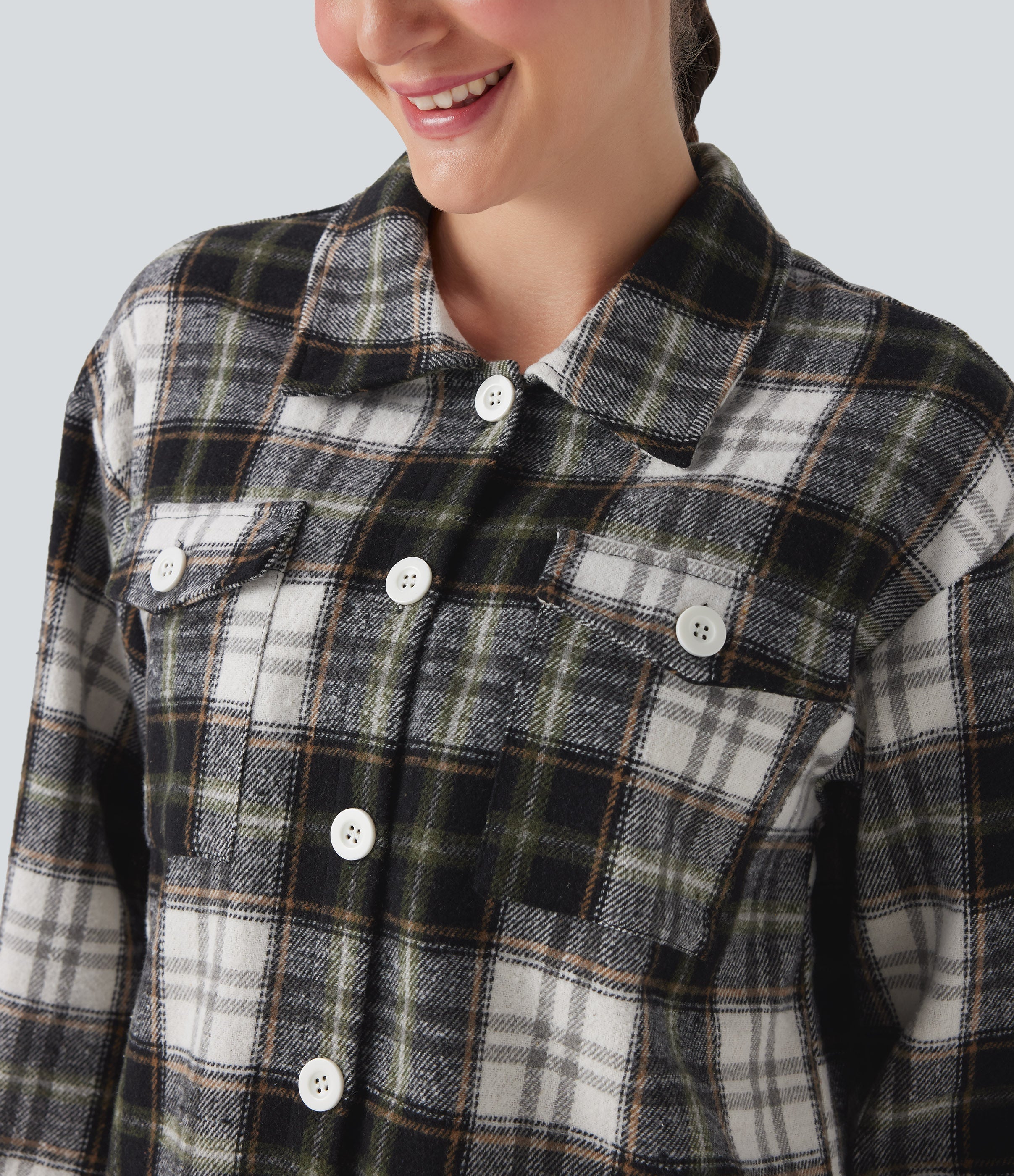 Plaid Curved Hem Casual Shirt Jacket with Flap Pockets