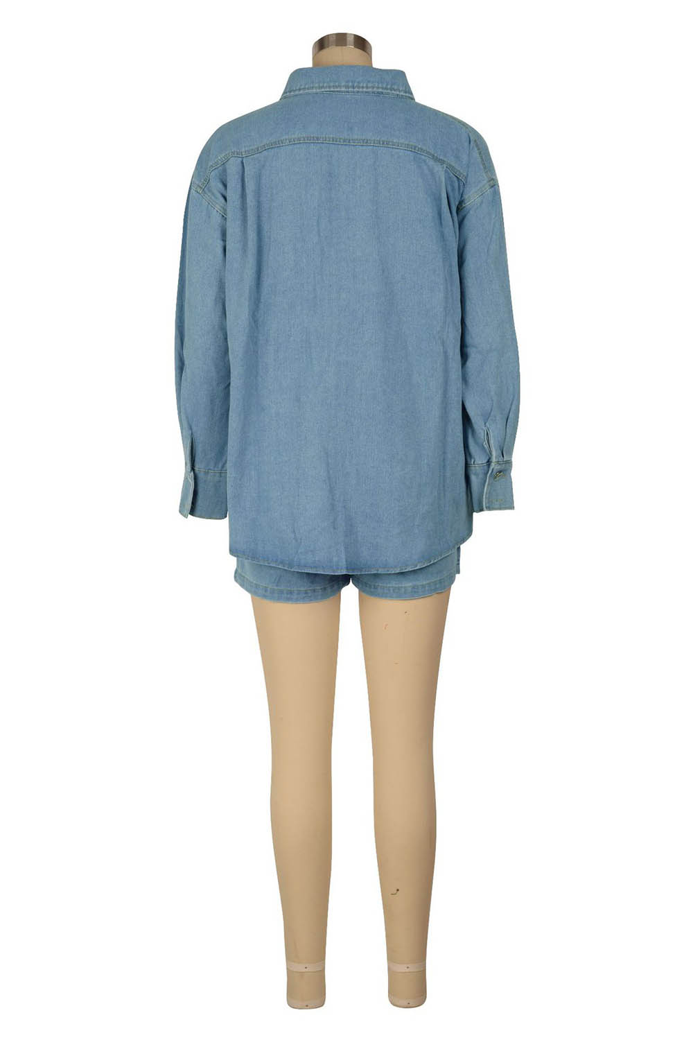 Denim Turndown Collar Long Sleeve Jacket Shorts Solid Color 2pcs Set-Blue