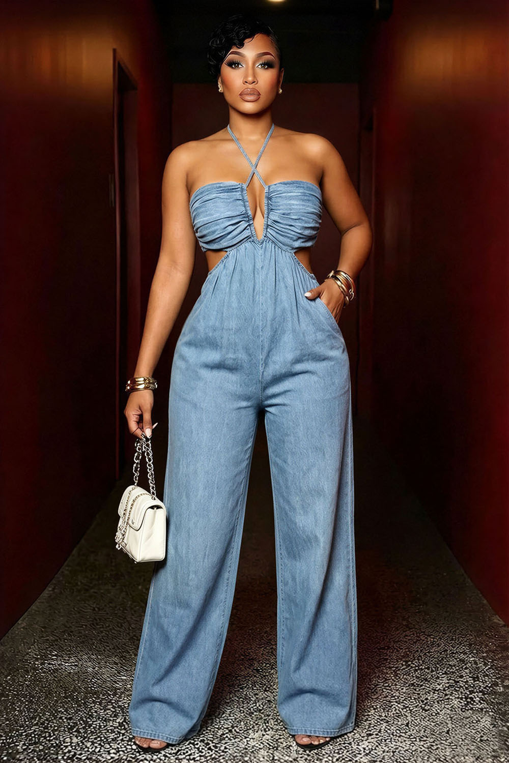 Denim Halter Cut Out Ruched Straight Leg Casual Jumpsuit-Blue [Pre Order]