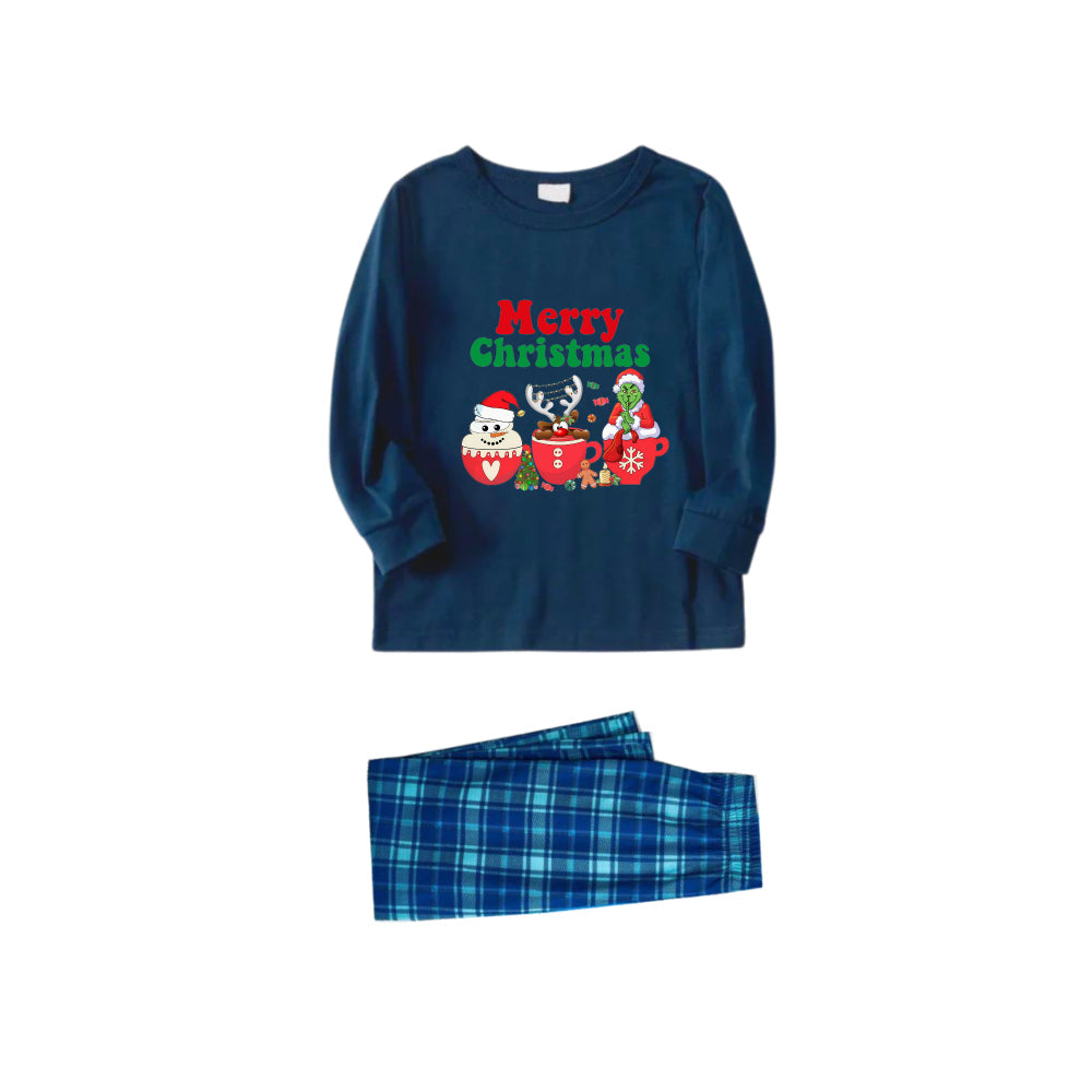 Christmas Family Matching Pajamas-Navy & Sky Blue Plaid Pjs Set with Grinch and "Merry Christmas" Print