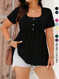Women's Plus Size Babydoll Shirts Eyelet Peplum Top Short Sleeve Scoop Neck Pearl Button Casual Blouse Flowy Tummy Control Summer Boho Trendy