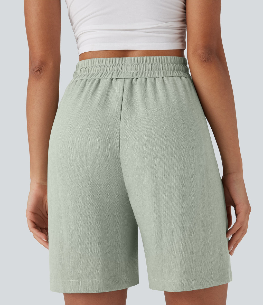 High Waisted Drawstring Casual Linen-Feel Shorts with Pockets