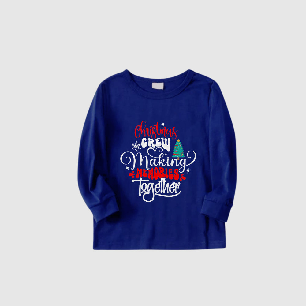 Christmas Family Matching Pajamas-Cozy Blue Pjs Set with "Christmas Crew Making Memories Together"  and Christmas Tree Pattern Print