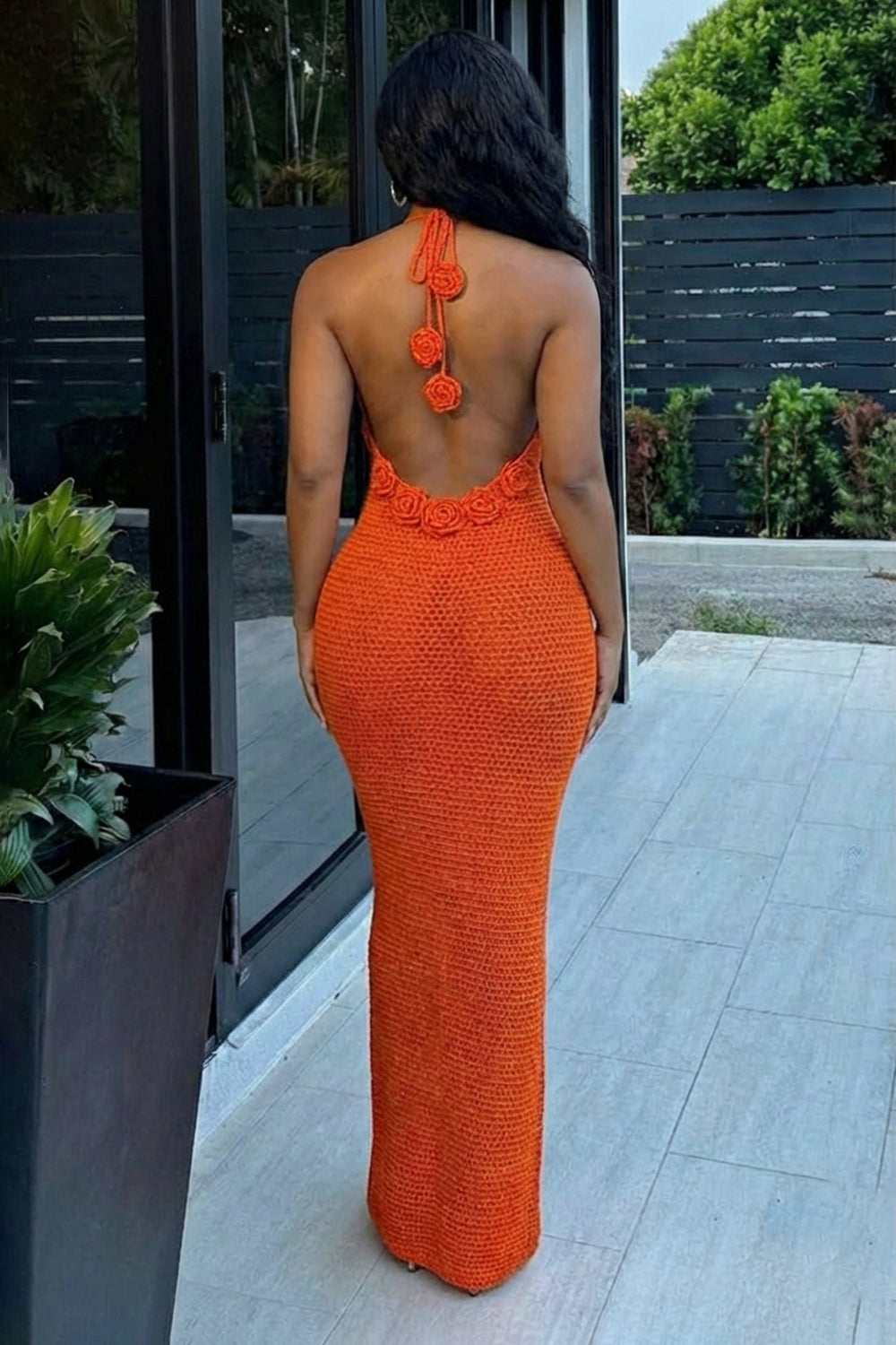 Halter Backless 3D Flower Slim Fit Knit Maxi Dresses-Orange