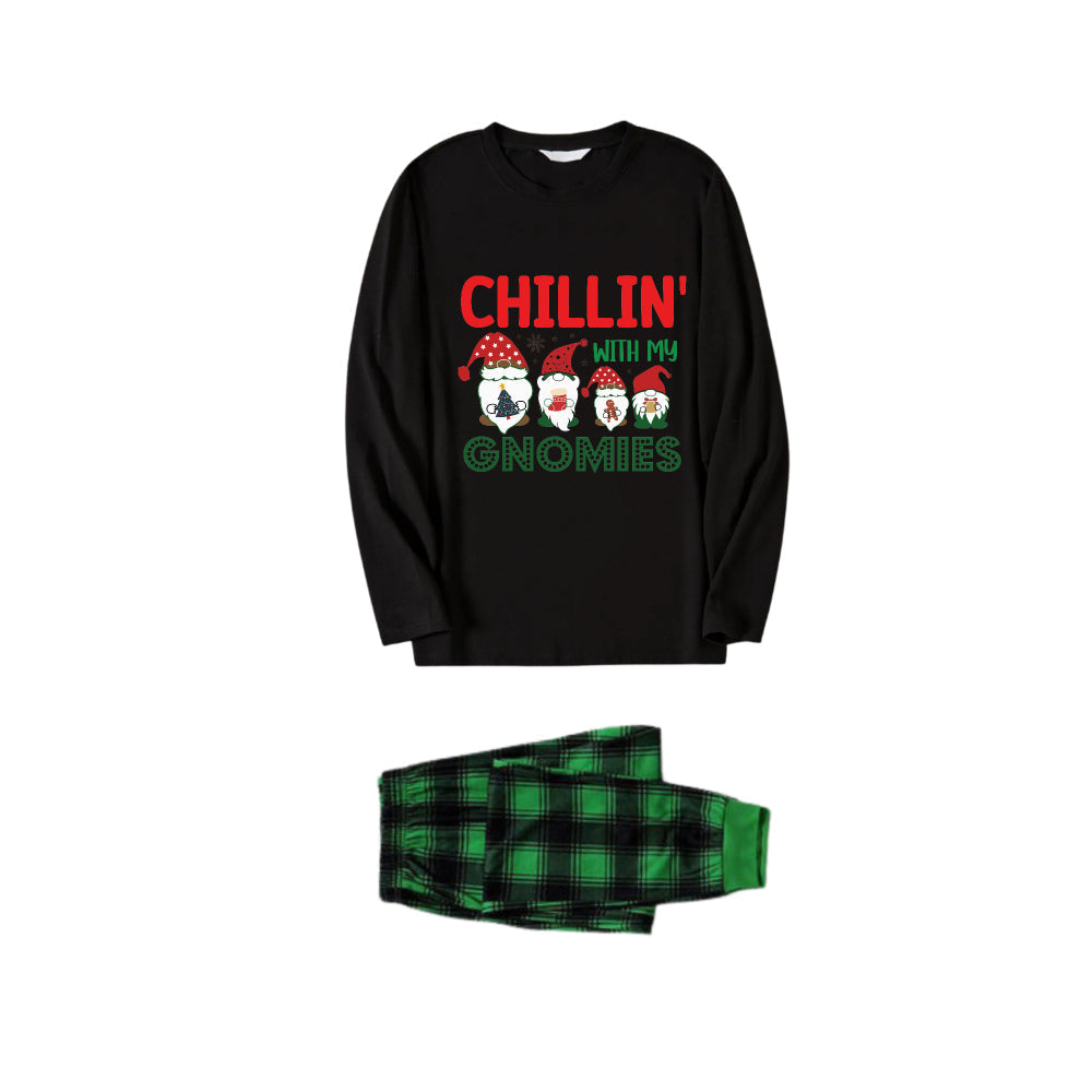 Christmas Family Matching Pajamas-Black Top and Green Plaid Pants Pjs Set with "Chillin With My Gnomies" Print