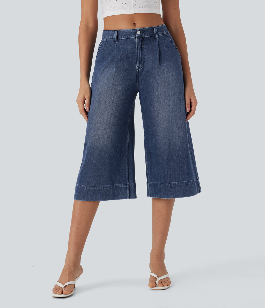 FlexTM Mid Rise Capri Wide Leg Washed Casual Jeans with Pockets