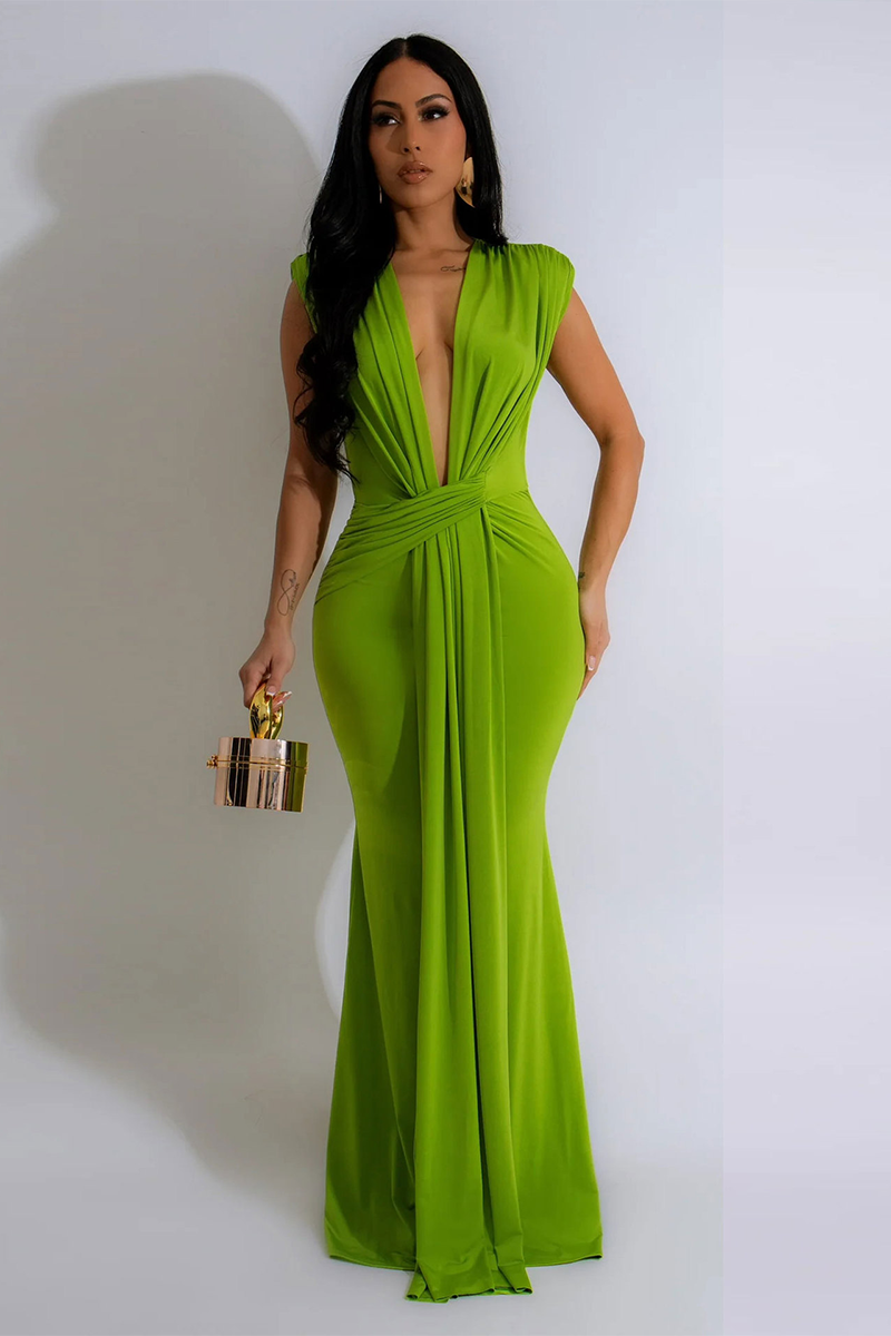 Deep V Neck Bodycon Streamer Decor Sleeveless Gowns Maxi Dresses-Pink