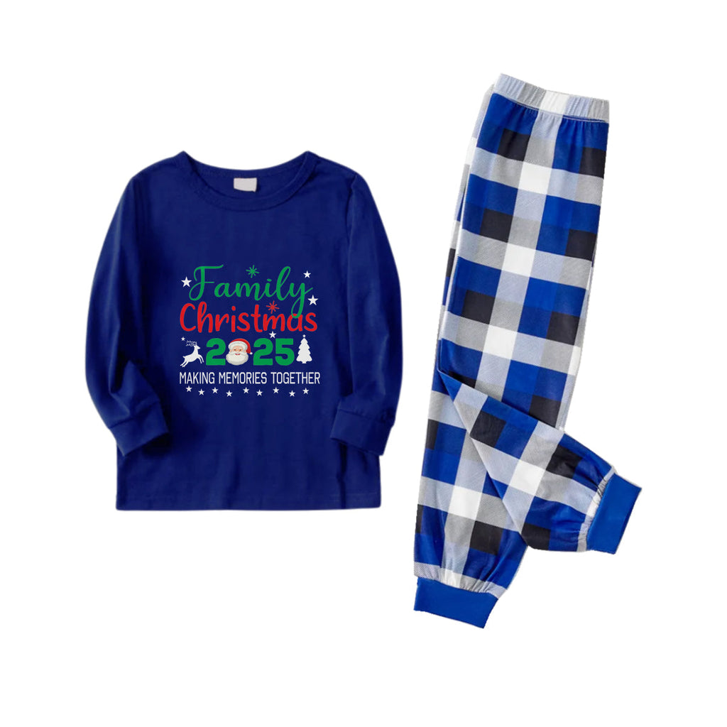 Christmas Family Matching Pajamas-Navy & White Plaid Pjs Set with "Family Christmas 2025" and Santa Pattern Print
