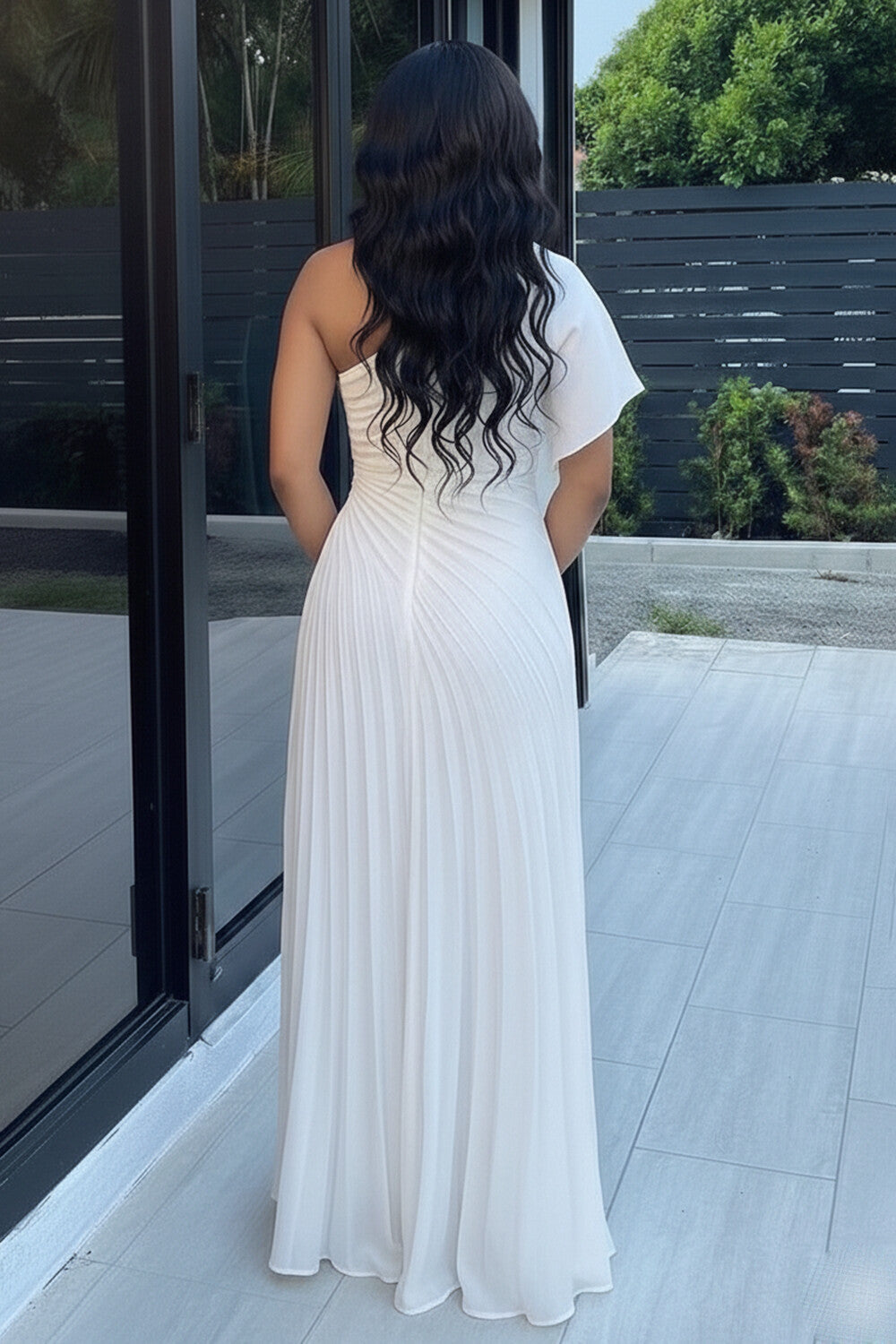 One Shoulder Ruched Cinch Waist Solid Color Maxi Dresses-White