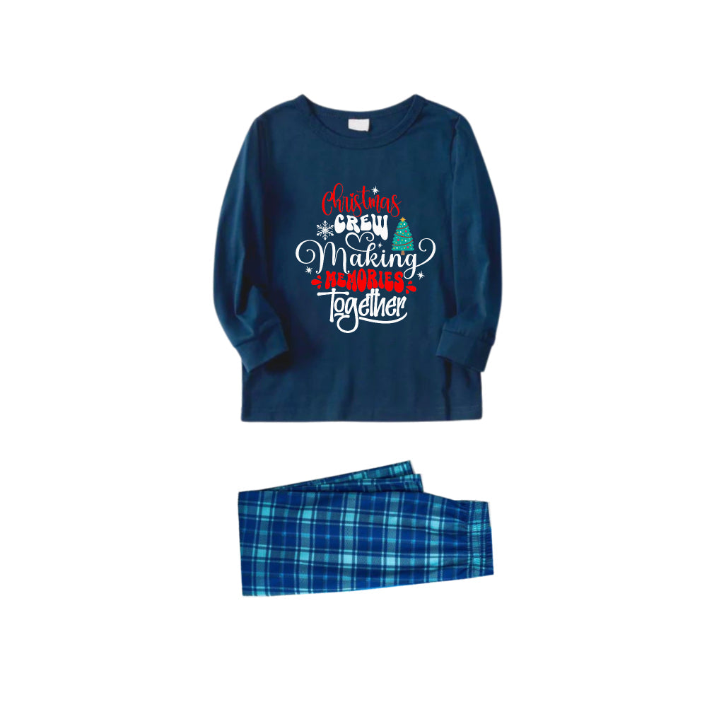 Christmas Family Matching Pajamas-Navy & Sky Blue Plaid Pjs Set with "Christmas Crew Making Memories Together" Artistic Font Print