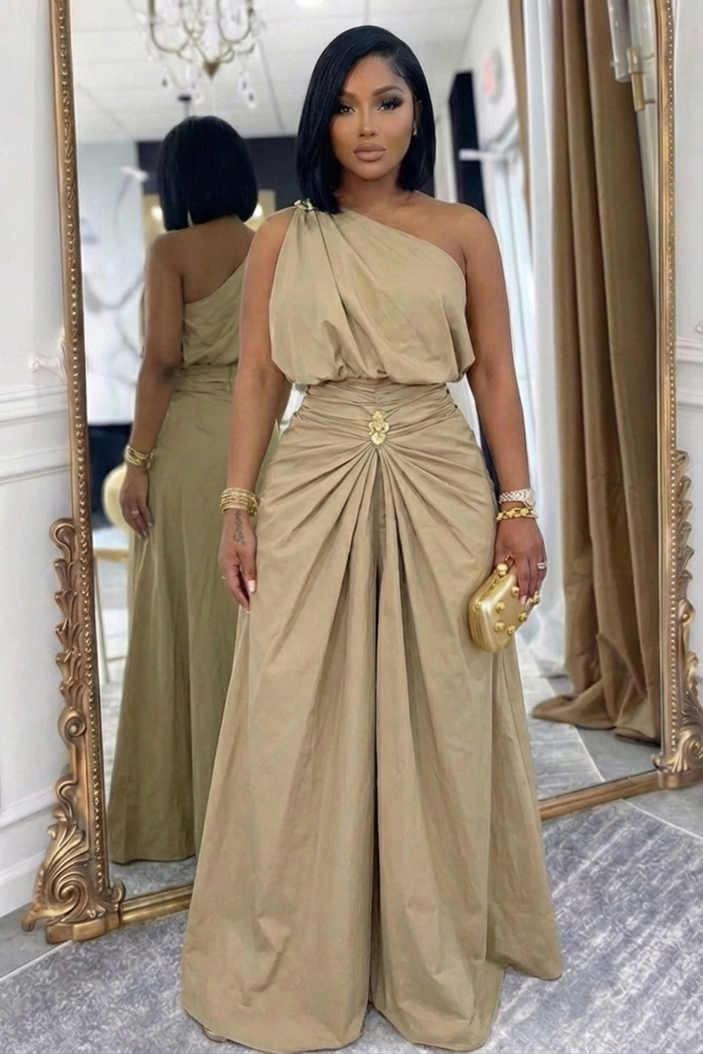 One Shoulder Sleeveless Crop Top Ruched Maxi Skirt 2pcs Set-Khaki