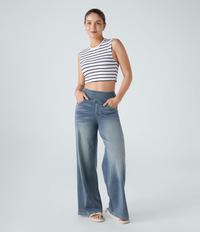 2026🔥 FlexTM High Waisted Multiple Pockets Baggy Wide Leg Washed Stretchy Knit Casual Jeans