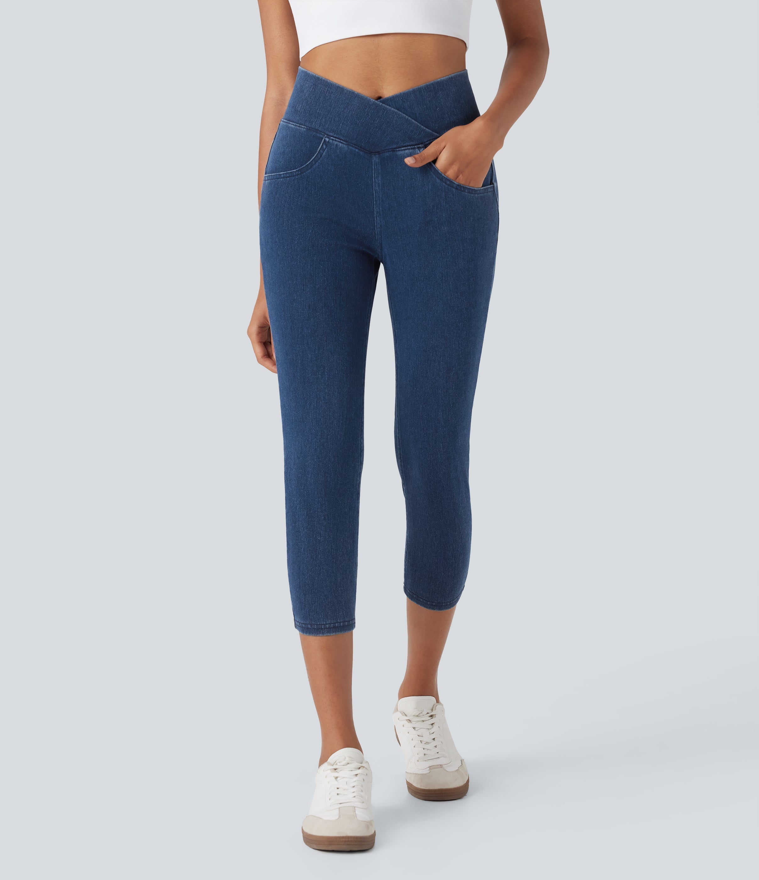 FlexTM Crossover High Waisted Denim Casual Capri Leggings with Pockets