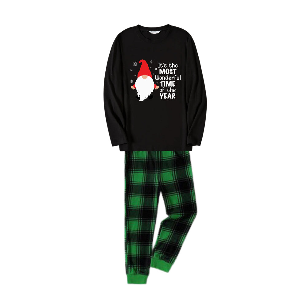 Christmas Family Matching Pajamas-Black Top and Green Plaid Pants Pjs Set with Cute Gnome and Christmas Slogan Print