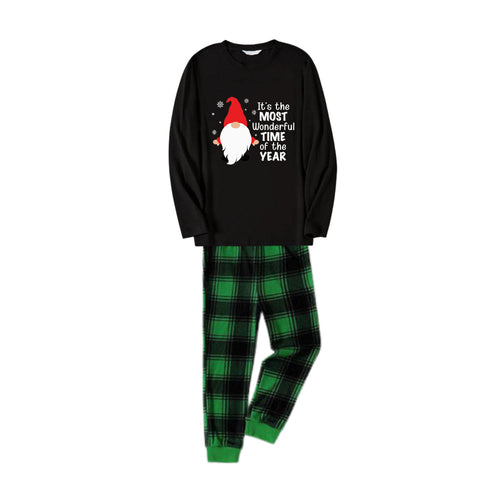 Christmas Family Matching Pajamas-Black Top and Green Plaid Pants Pjs Set with Cute Gnome and Christmas Slogan Print