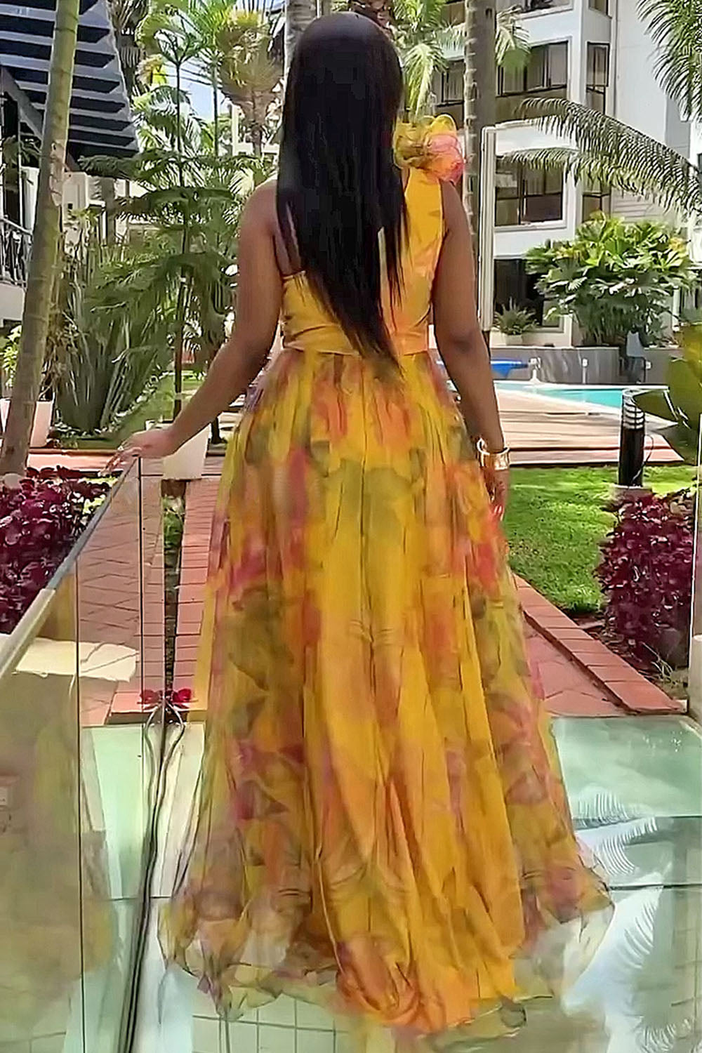 One Shoulder Rosette Floral Print Mesh Party Maxi Dresses-Fuchsia
