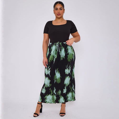 Abstract Green Plus Size Pleated Skirt