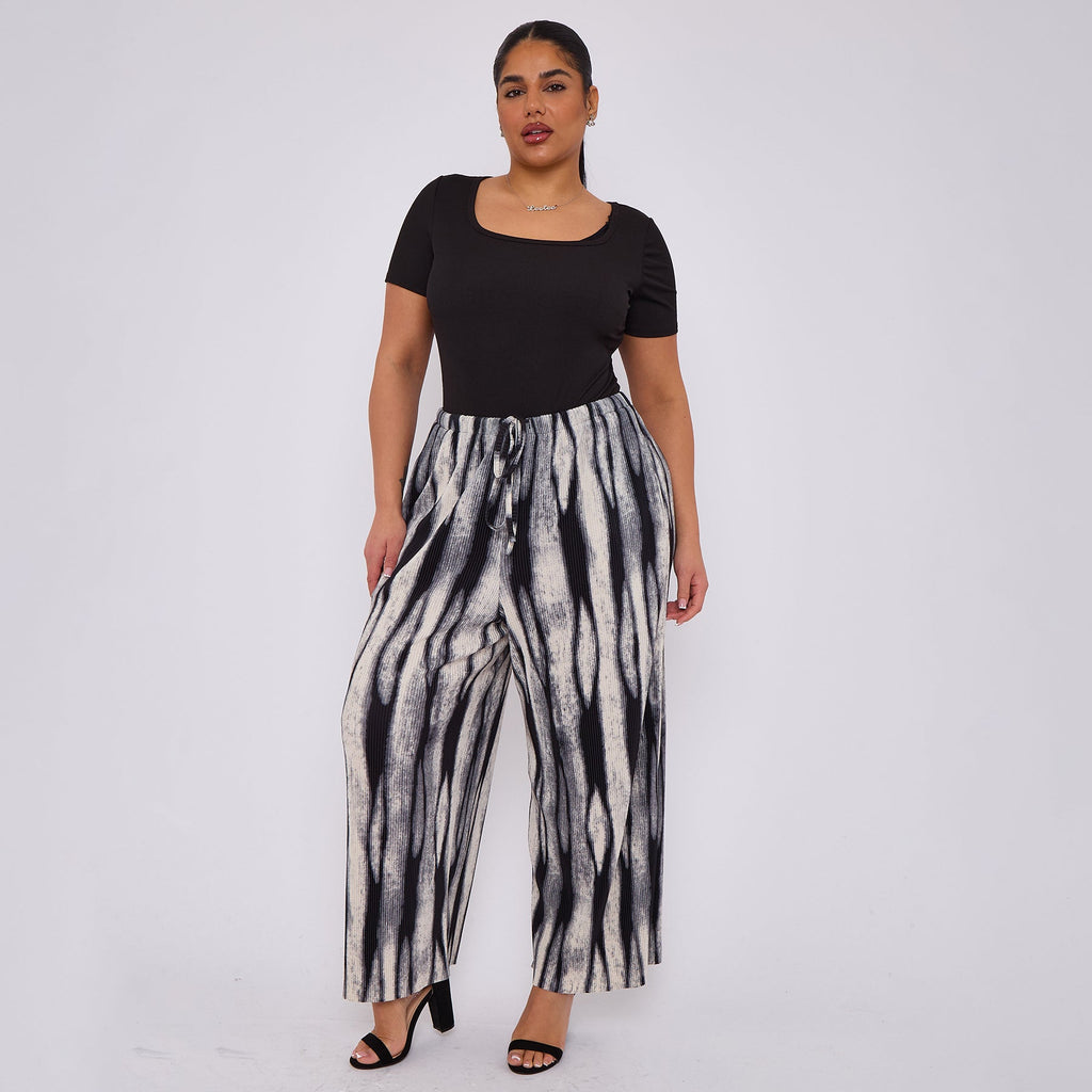 Monochrome Ripple Wide-Leg Drawstring Pants With Pockets