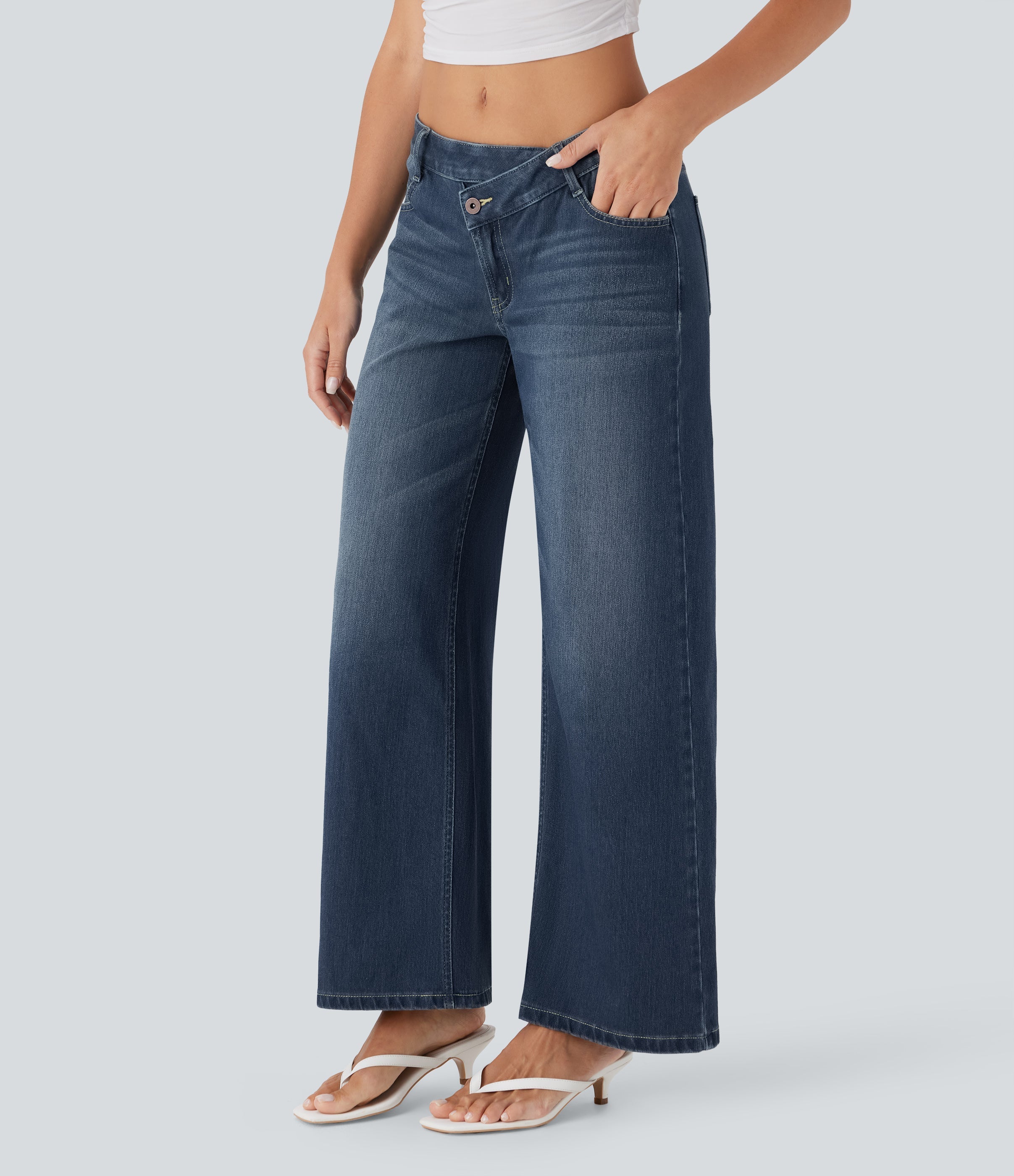 FlexTM Asymmetric Low Rise Zipper Pockets Baggy Wide Leg Washed Casual Jeans