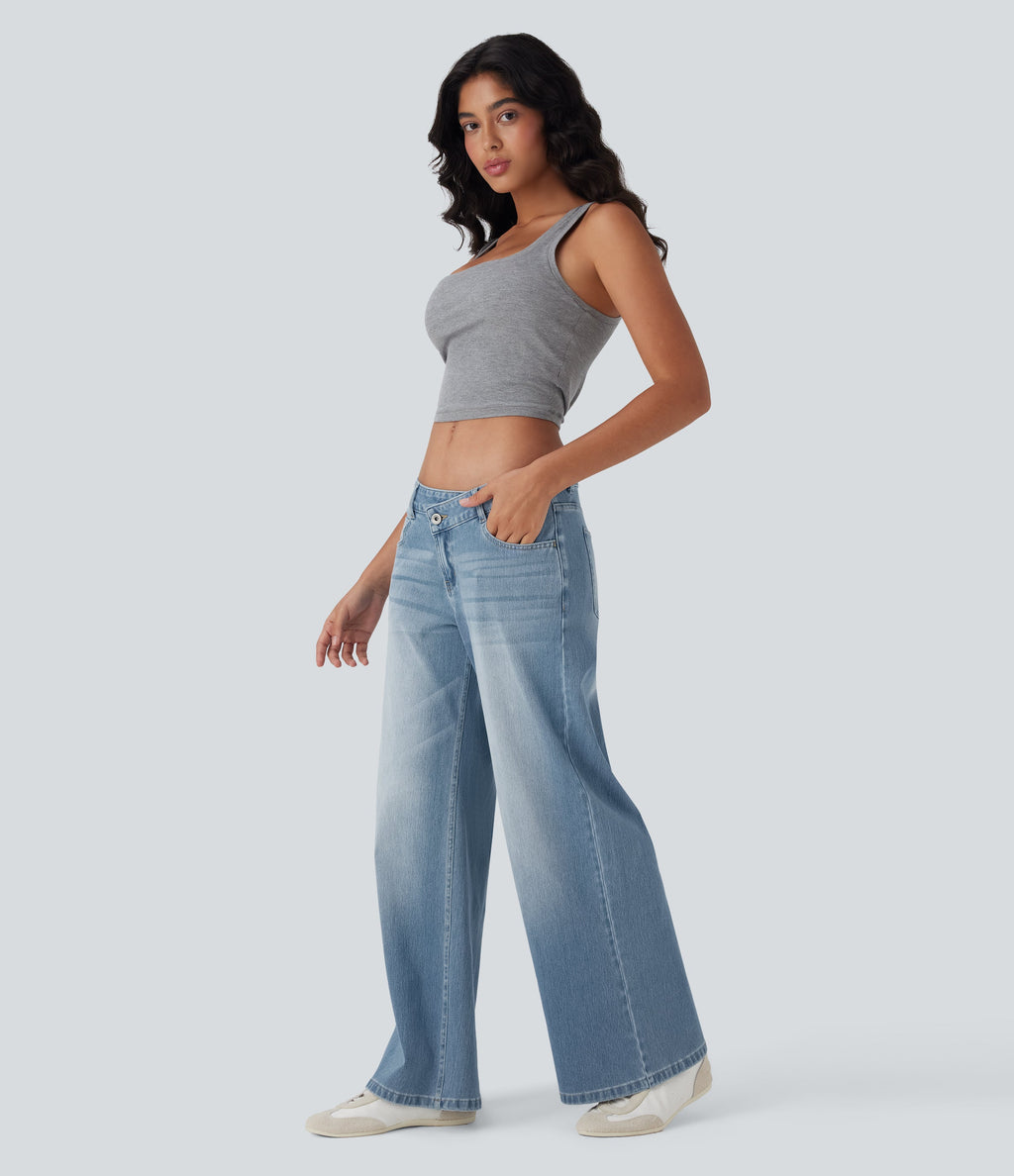 FlexTM Asymmetric Low Rise Zipper Pockets Baggy Wide Leg Washed Casual Jeans