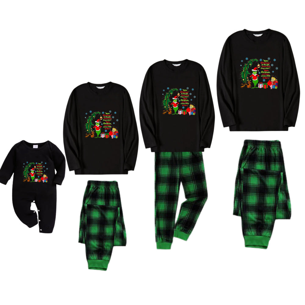 Christmas Family Matching Pajamas-Black Top and Green Plaid Pants Pjs Set with Grinch and Christmas Pattern Print