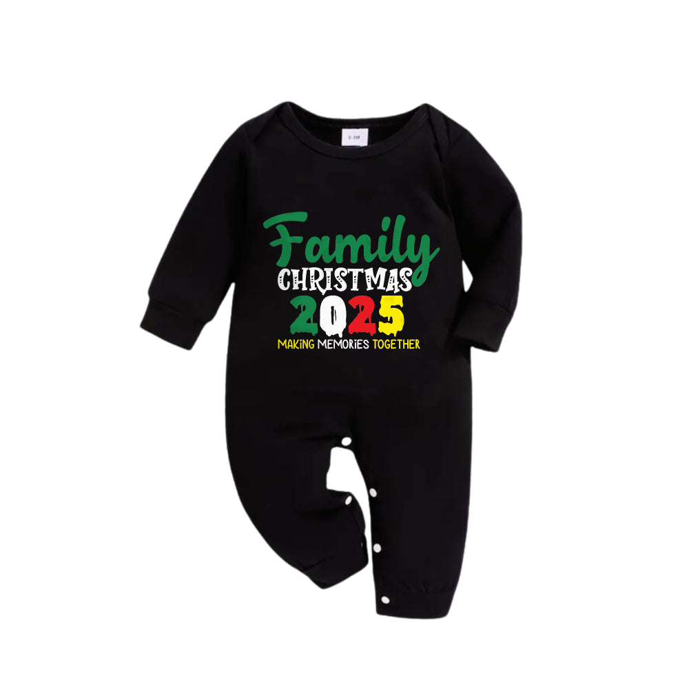 Christmas Family Matching Pajamas-Black Top and Green Plaid Pants Pjs Set with "Family Christmas 2025" Slogan Print