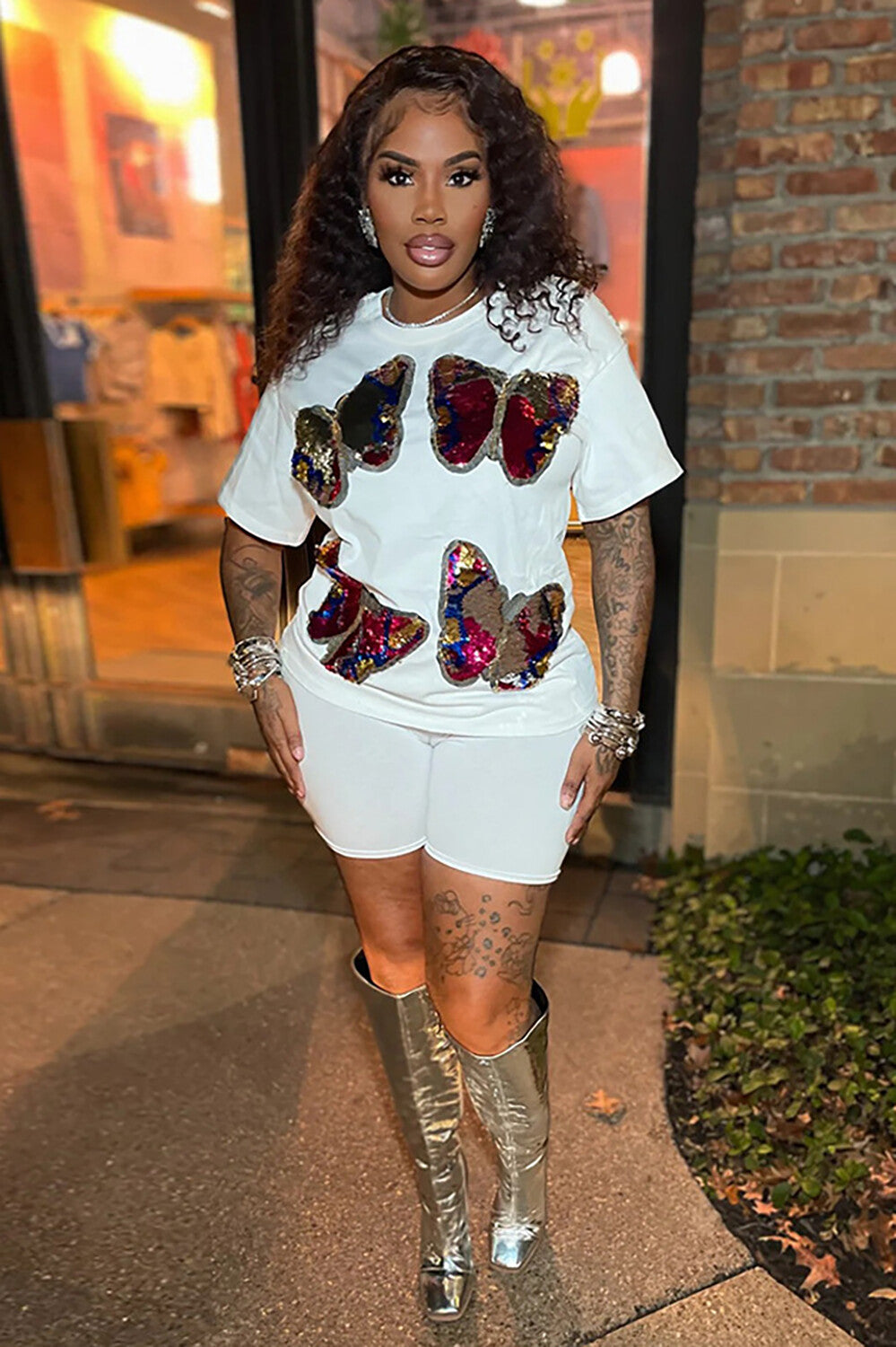 Sequin Butterfly Pattern Short Sleeve T-shirt Casual Shorts 2pcs Set-White