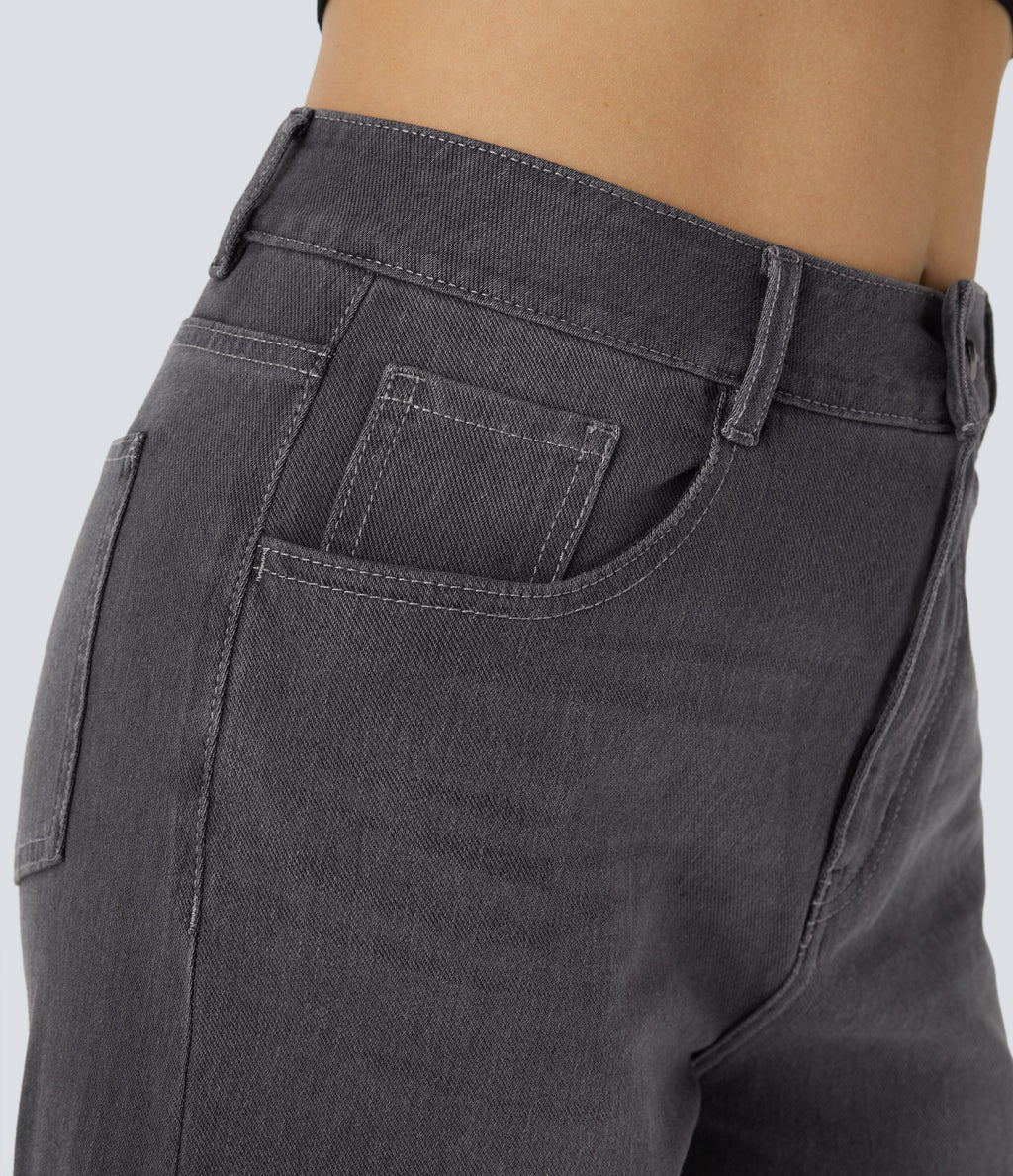 FlexTM High Waisted Multiple Pockets Rolled Hem Wide Leg Washed Stretchy Knit Casual Jeans