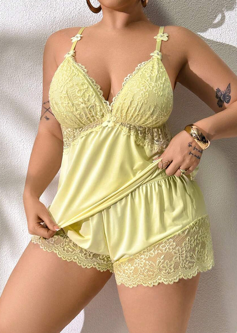 Plus Size Lace Satin Cami Pajama Set – Sexy Two-Piece Sleepwear for Women