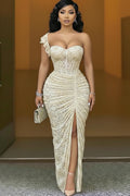 One Shoulder Cinch Waist Ruched High Slit Lace Maxi Dresses-Beige