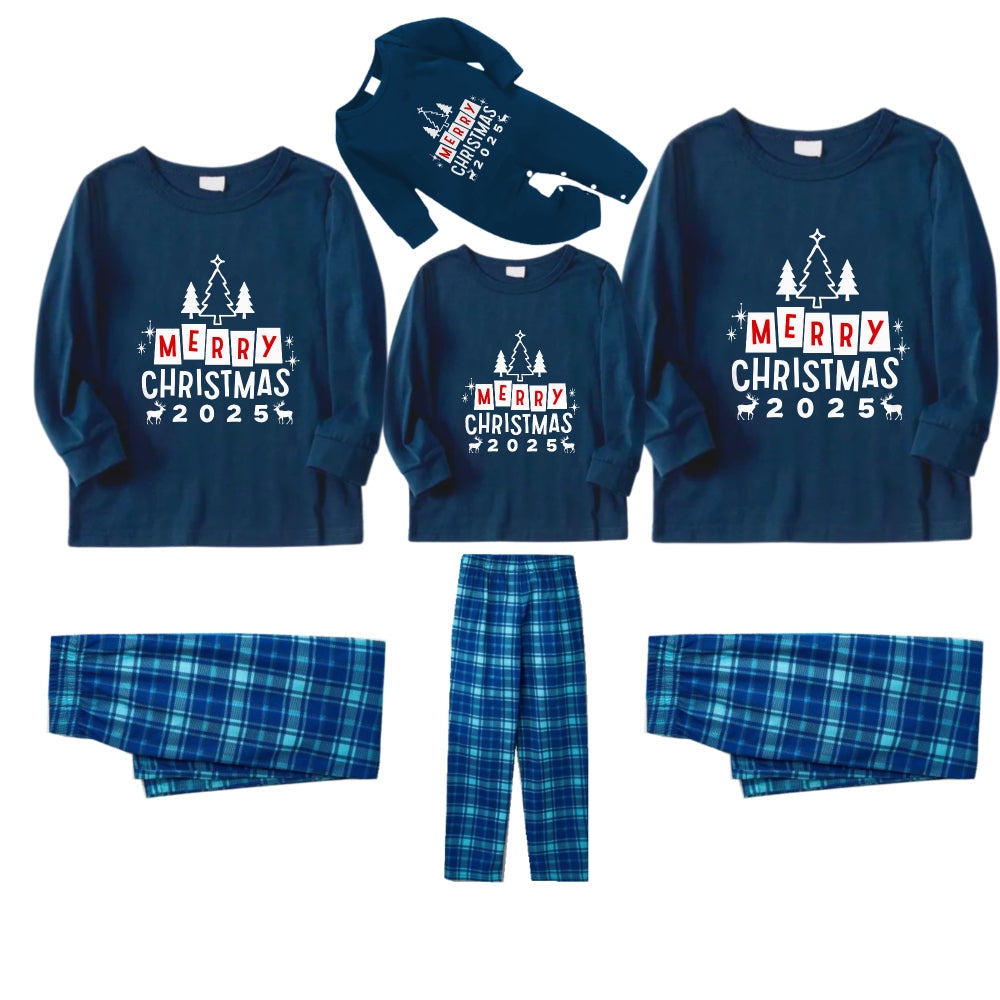 Christmas Family Matching Pajamas-Navy & Sky Blue Plaid Pjs Set with "Merry Christmas 2025" Print