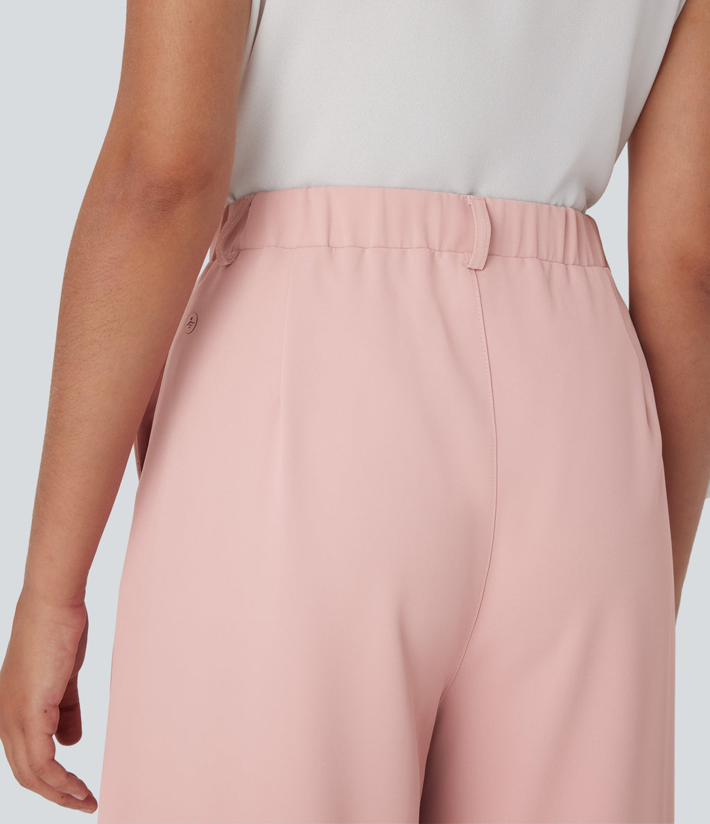 High Waisted Belted Wide Leg Cropped Work Pants with Pockets