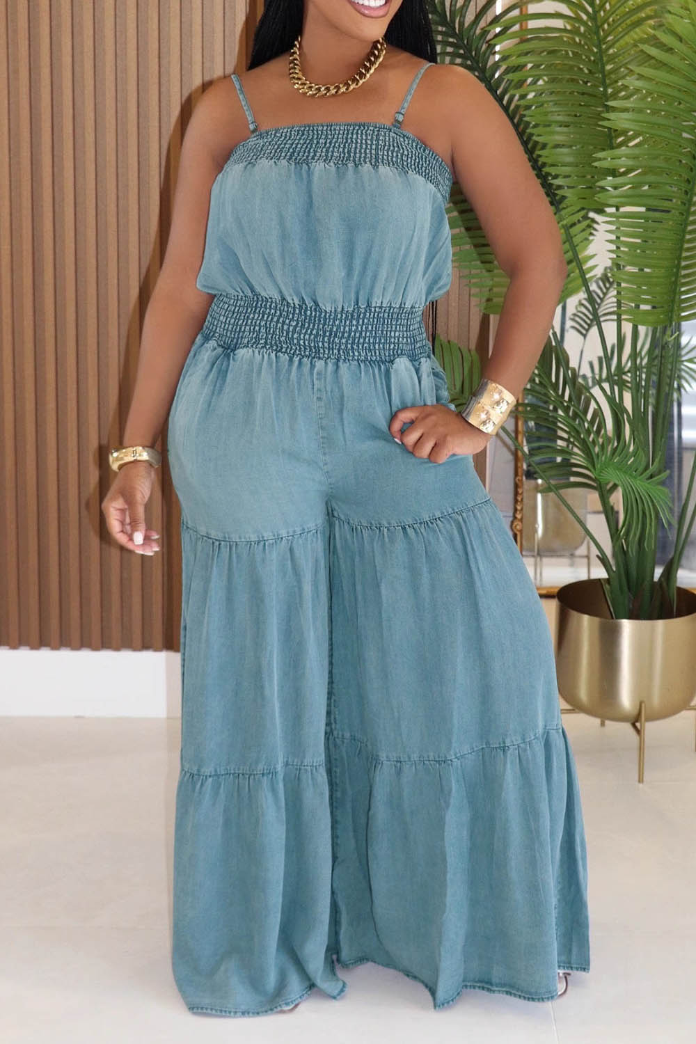 Convertible Strapless Cami Neck Denim Smocking Wide Leg Casual Jumpsuit-Blue