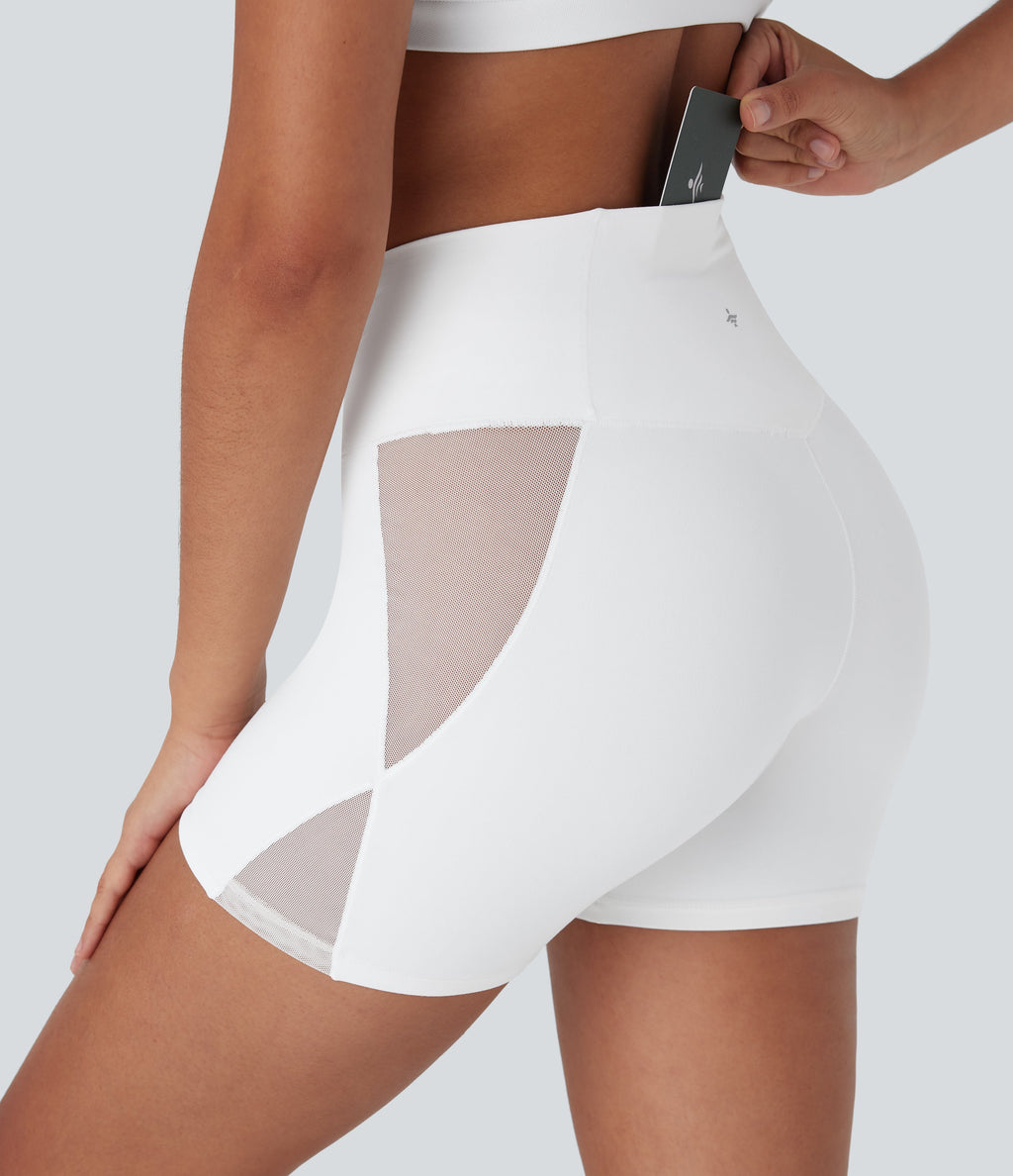 SoftlyZeroTM High Waisted Crossover Contrast Mesh Yoga Biker Shorts 5'' with Pocket-UPF50+