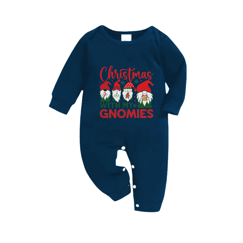 Christmas Family Matching Pajamas-Navy & Sky Blue Plaid Pjs Set with "Christmas With My Gnomies" Slogan Print