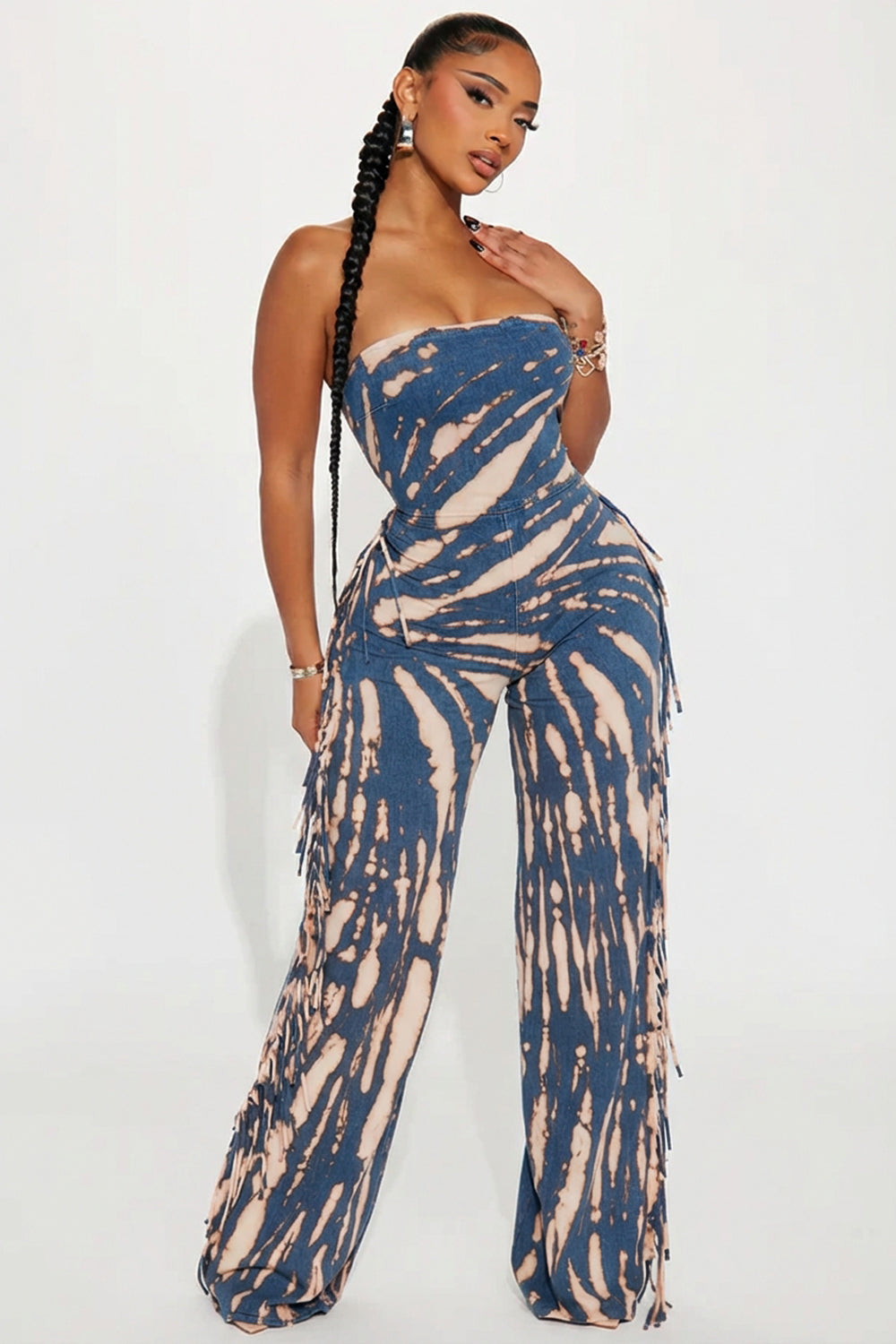 Strapless Cinch Waist Tassel Striped Wide Leg Jumpsuit-Blue