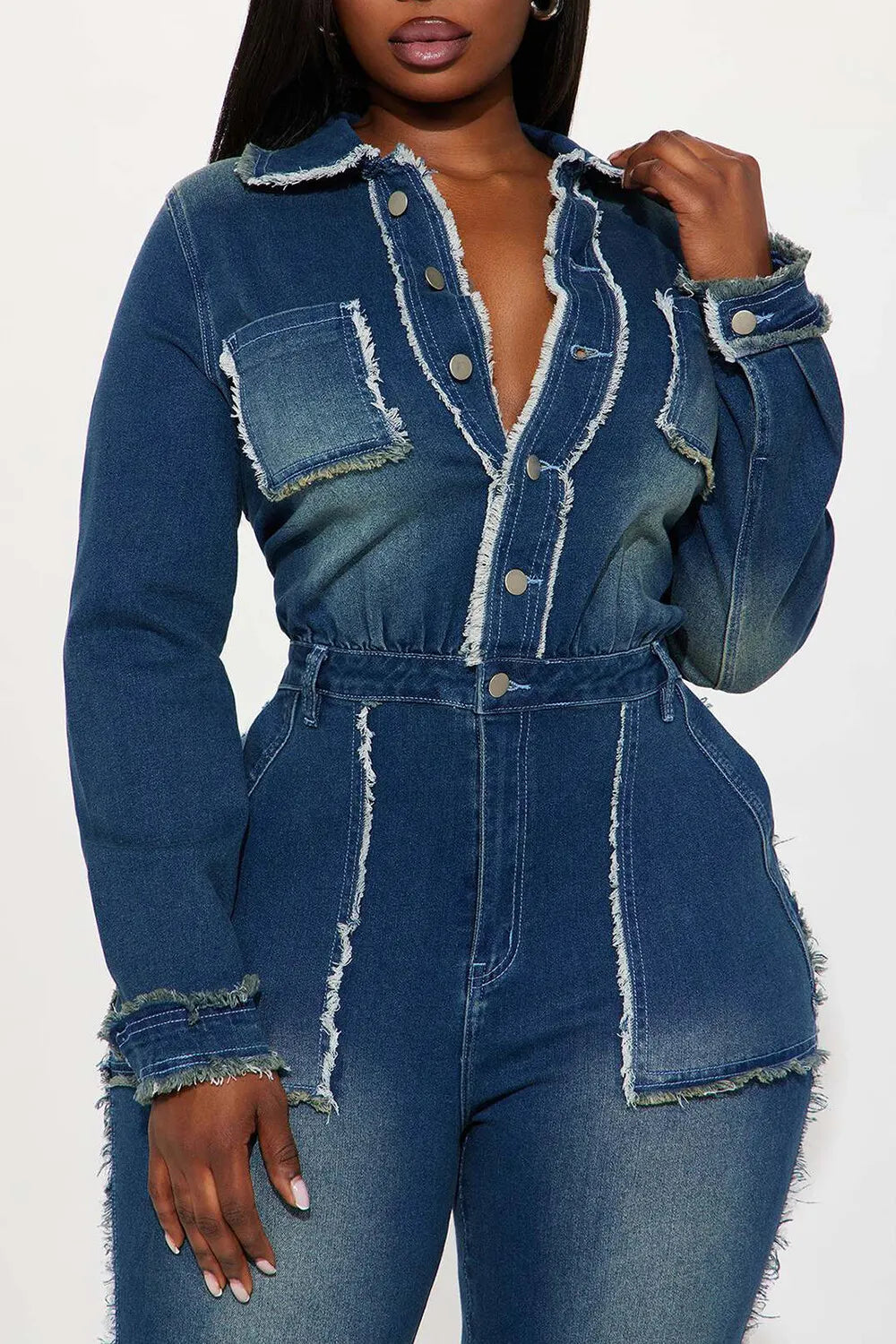 Turndown Collar Raw Trim Long Sleeve Multi-Pocket Denim Jumpsuit-Blue