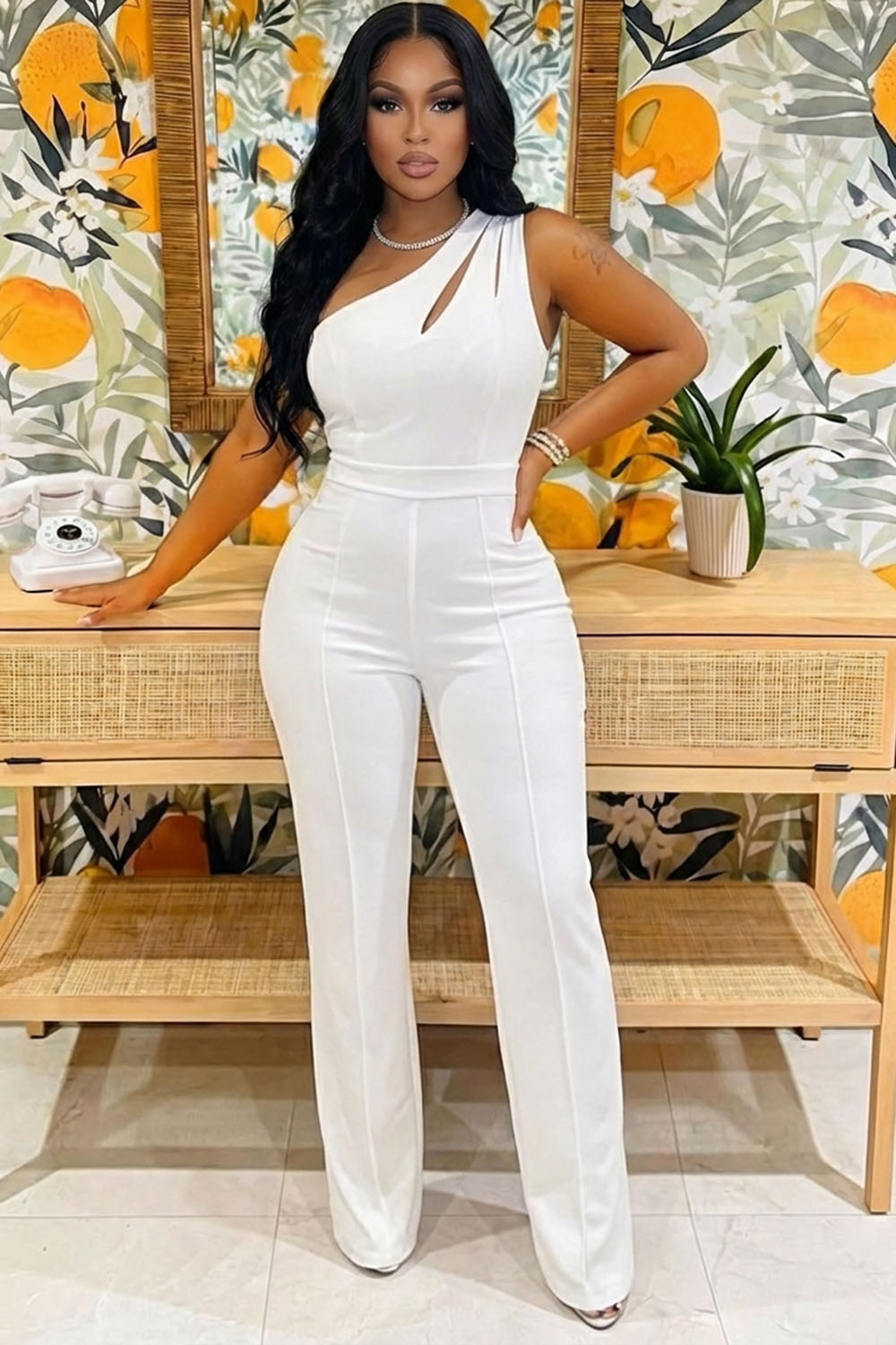 One Shoulder Sleeveless Cut Out Slim Fit Casual Jumpsuit-White