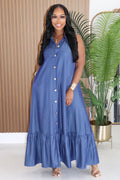 Turndown Collar Ruffle Loose Fit Casual Maxi Dresses-Blue