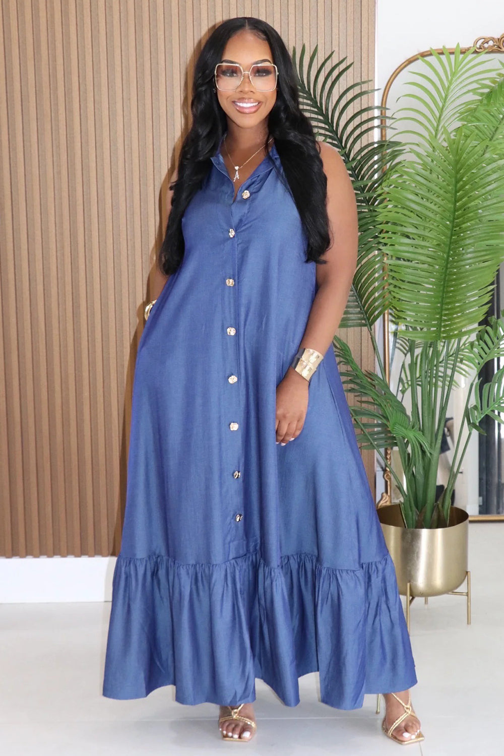 Turndown Collar Ruffle Loose Fit Casual Maxi Dresses-Blue