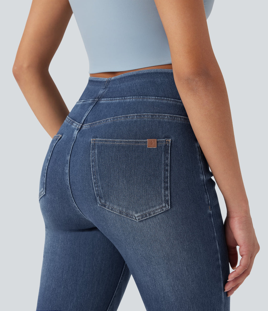 FlexTM High Waisted Tummy Control Washed Casual Bootcut Jeans with Pockets
