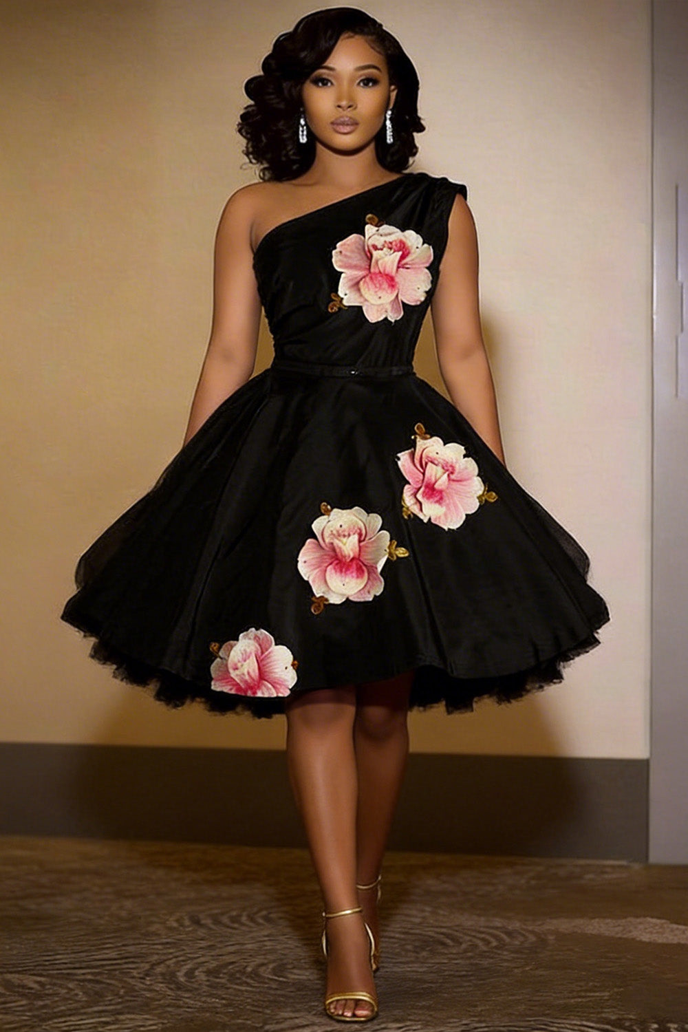 One Shoulder Cinch Waist Floral A-Line Gowns Mini Dresses-Black