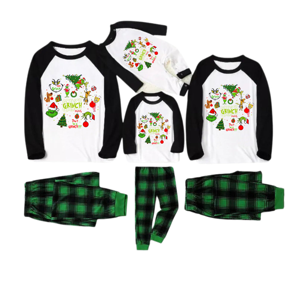 Black Raglan Top Green Plaid Christmas Pajamas Set Family Christmas Pajamas Set With Grinch and Cartoon Pattern