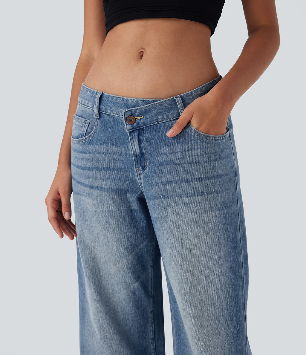 FlexTM Asymmetric Low Rise Zipper Pockets Baggy Wide Leg Washed Casual Jeans