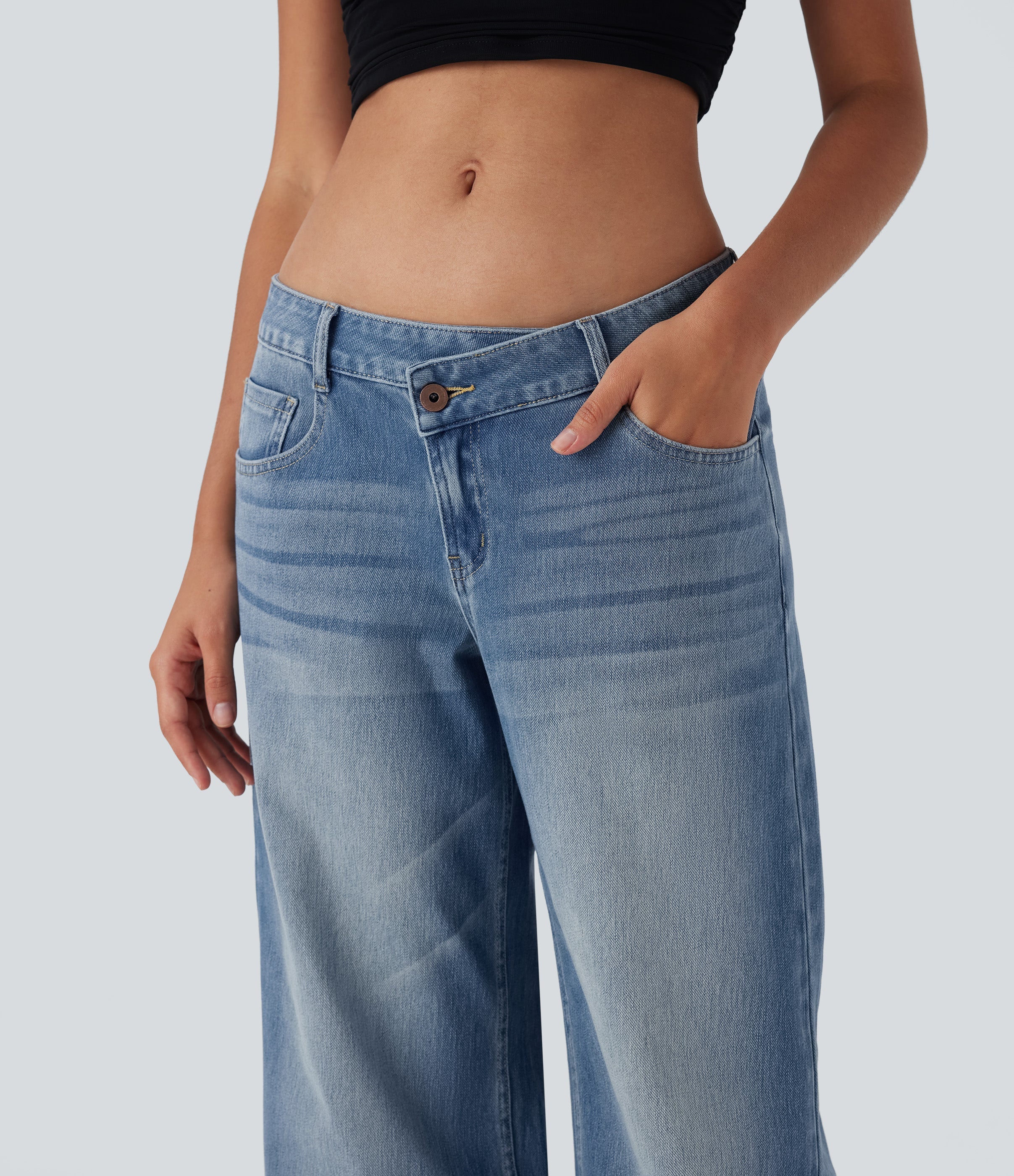 FlexTM Asymmetric Low Rise Zipper Pockets Baggy Wide Leg Washed Casual Jeans