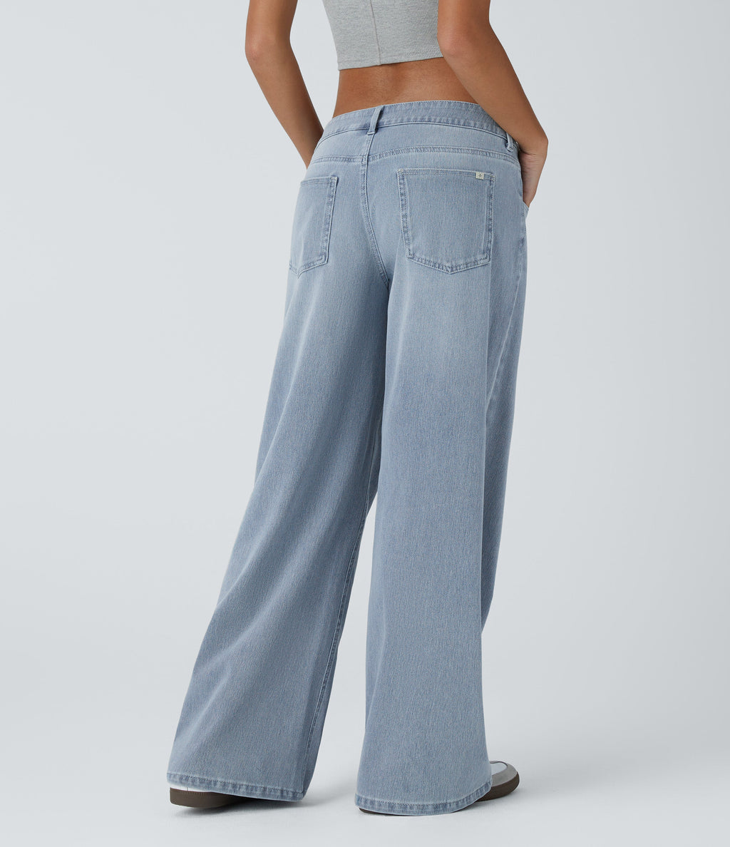 FlexTM Asymmetric Low Rise Zipper Pockets Baggy Wide Leg Washed Casual Jeans