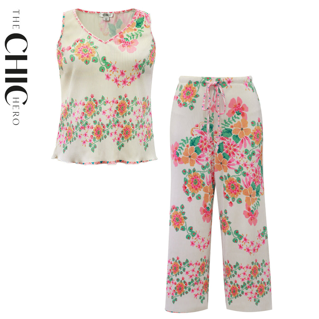 Colorful Floral Patterns V-Neck Vest Top & Pleated Pants